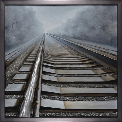 Shining Way Train Tracks Mixed Media Wall Art in Brown, Grey & 3D Metal