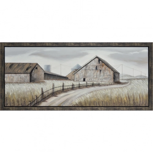 Dusty Road Barn Canvas Painting Wall Art in Brown, White & Yellow