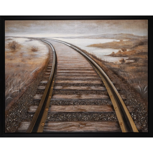 Rushing Way Train Tracks Canvas Painting in Brown & White