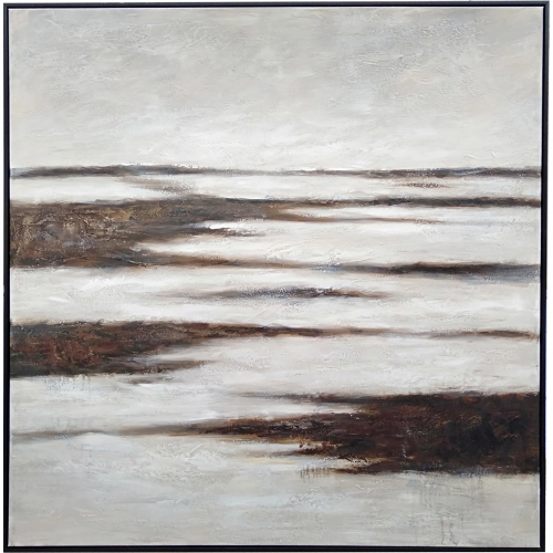 Waded Abstract Canvas Painting in White & Dark Brown
