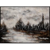 Rustic Surroundings Landscape Canvas Painting in Dark Brown & White