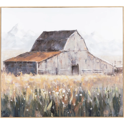 Montana Skies Barn Canvas Painting in Blue, Cream & Grey