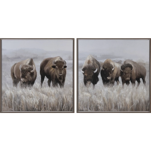 Grazing Herds Bison Canvas Painting in Brown, Gray & White
