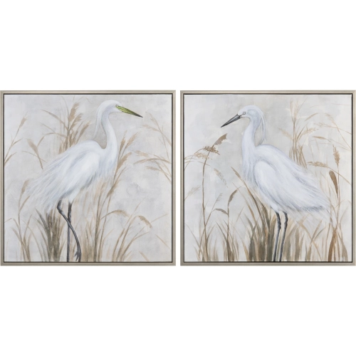 Beachin' Egrets Bird Canvas Painting Wall Art in White, Neutrals & Gold