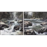 Rapids Landscape Canvas Painting in Green & Brown