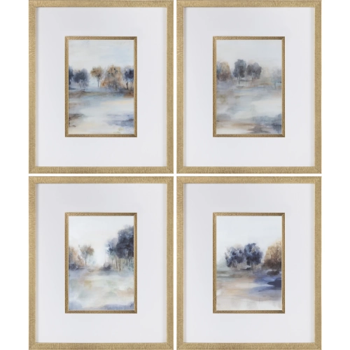 Becket Watercolor Landscape Print Wall Art in Blue, Green, White & Gold (Set of 4)