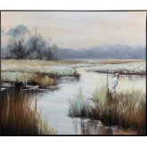 Gazing Egret Landscape Canvas Painting in Multicolor