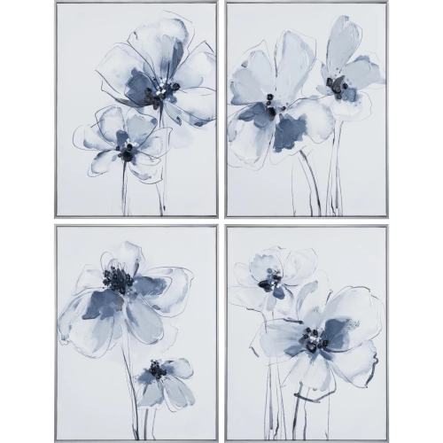 Sultry Florals Canvas Painting in Blue (Set of 4)