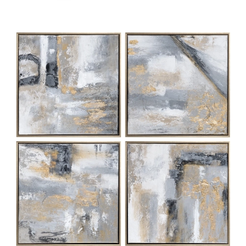 Dilon Abstract Canvas Painting in Gray, White, Black & Gold (Set of 4)