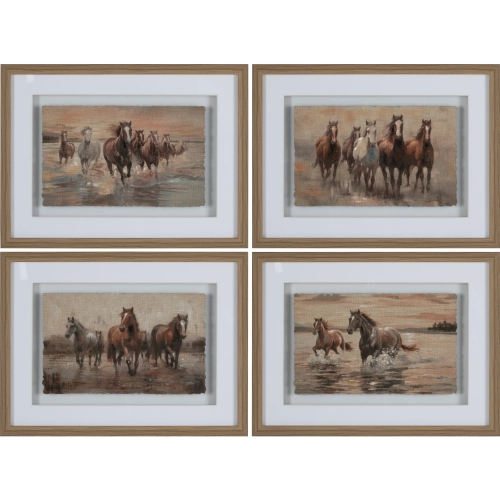 Charge Horses Framed Mixed Media Wall Art in Brown & Gray Linen (Set of 4)