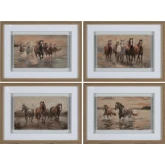 Charge Horses Framed Mixed Media Wall Art in Brown & Gray Linen (Set of 4)
