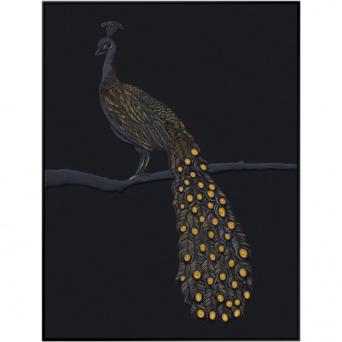 Tail Feathers Peacock Canvas Painting in Black & Gold