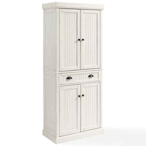 Seaside Kitchen Pantry Cabinet in Distressed White Finish
