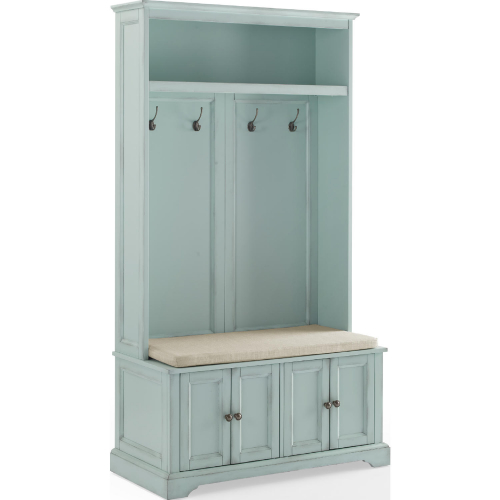 Holbrook Hall Tree in Distressed Seafoam Blue & Oatmeal Fabric