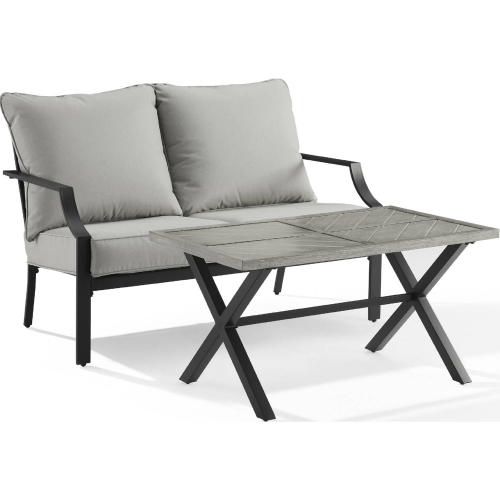 Otto 2 Piece Outdoor Loveseat Set in Black Metal & Gray Fabric