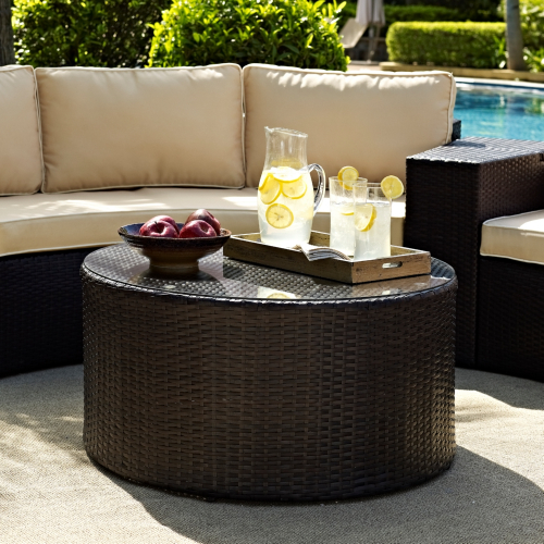 Catalina Outdoor Round Coffee Table in Resin Wicker & Tempered Glass