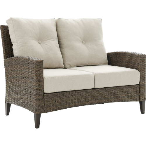 Rockport Outdoor High Back Loveseat in Light Brown Wicker & Oatmeal Cushions