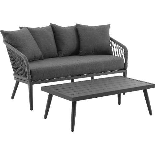 Dover 2 Piece Outdoor Loveseat Set in Charcoal Gray Fabric, Rope & Black Metal