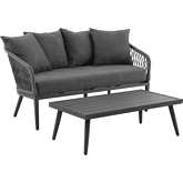 Dover 2 Piece Outdoor Loveseat Set in Charcoal Gray Fabric, Rope & Black Metal