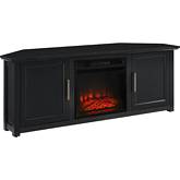 Camden 58" Corner TV Stand in with Fireplace in Black Finish
