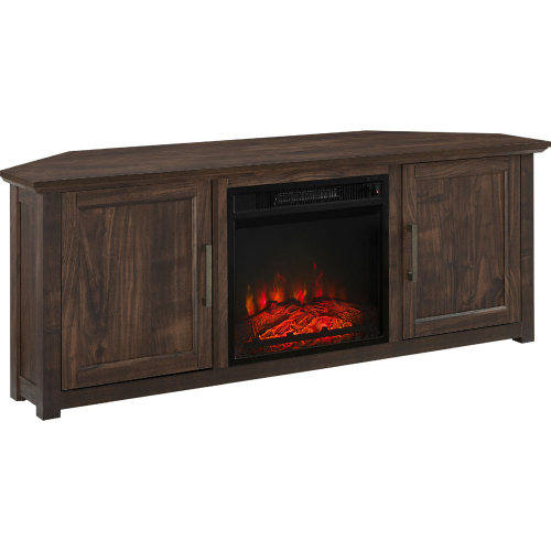 Camden 58" Corner TV Stand in with Fireplace in Dark Walnut Finish