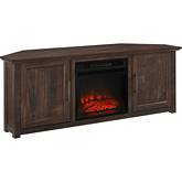 Camden 58" Corner TV Stand in with Fireplace in Dark Walnut Finish