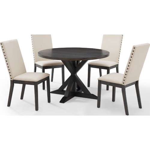 Hayden 5 Piece Round Dining Set in Slate Finish Wood & Cream Fabric