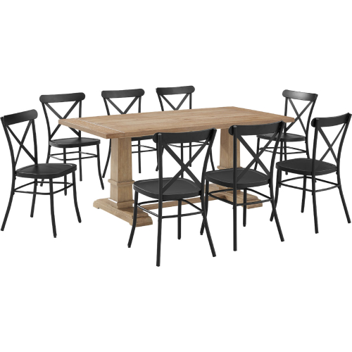 Joanna 9 Piece Dining Set in Brown with Camille Chairs in Black Metal