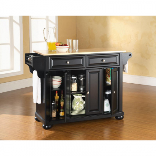 Alexandria Kitchen Island in Black Finish with Natural Wood Top