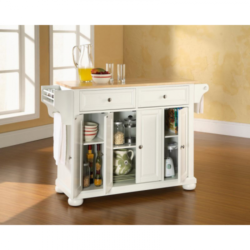 Alexandria Kitchen Island in White Finish with Natural Wood Top