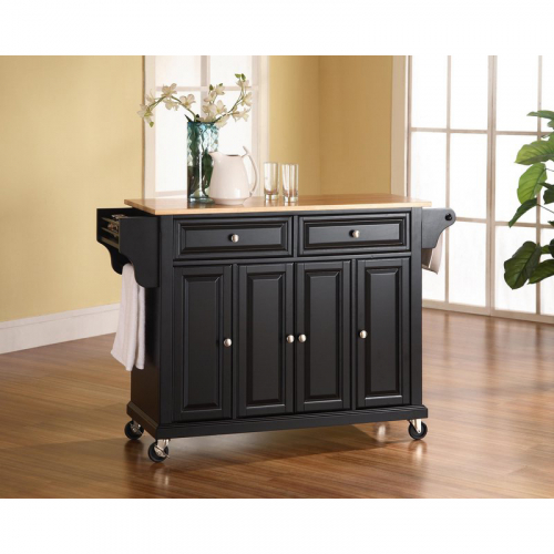Kitchen Cart Island in Black Finish with Natural Wood Top
