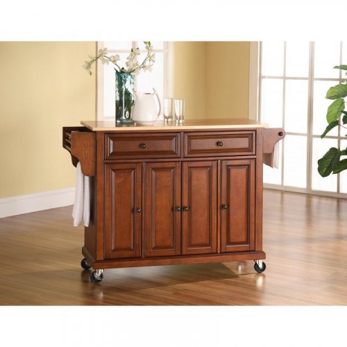 Kitchen Cart Island in Classic Cherry Finish with Natural Wood Top