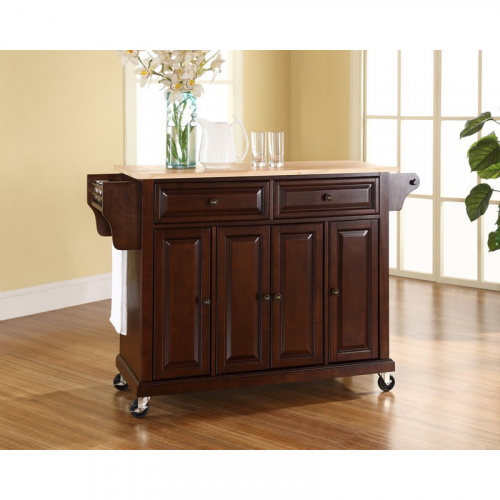 Kitchen Cart Island in Vintage Mahogany Finish with Natural Wood Top