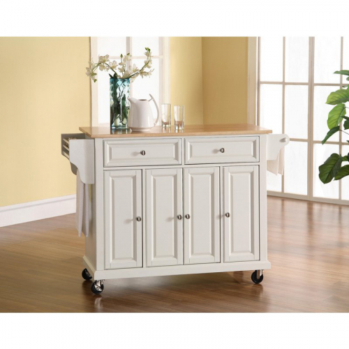 Kitchen Cart Island in White Finish with Natural Wood Top