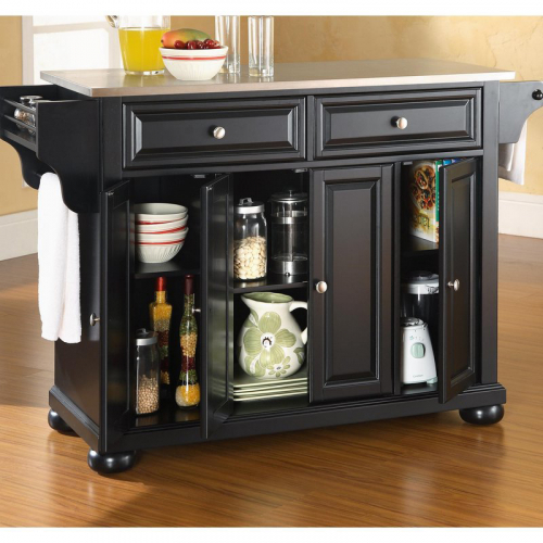 Alexandria Kitchen Island in Black Finish with Stainless Steel Top