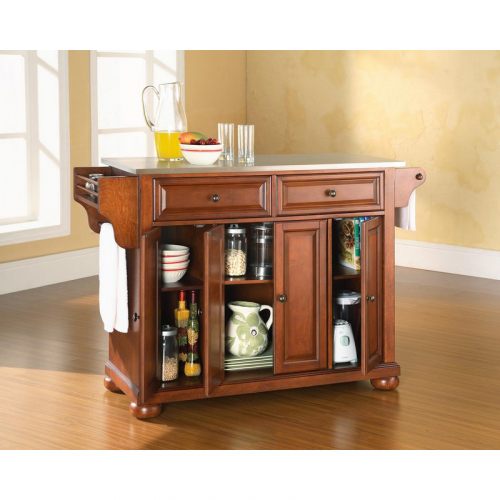 Alexandria Kitchen Island in Classic Cherry Finish with Stainless Steel Top
