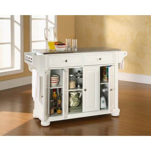 Alexandria Kitchen Island in White Finish with Stainless Steel Top