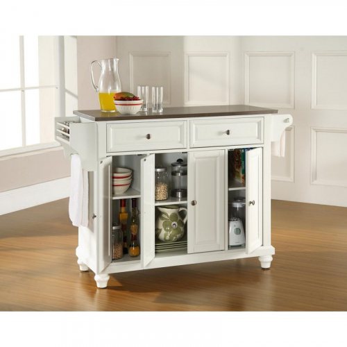 Cambridge Kitchen Island in White Finish with Stainless Steel Top
