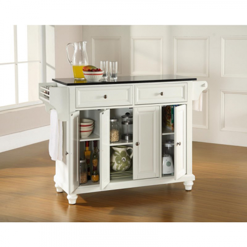 Cambridge Kitchen Island in White Finish with Solid Black Granite Top