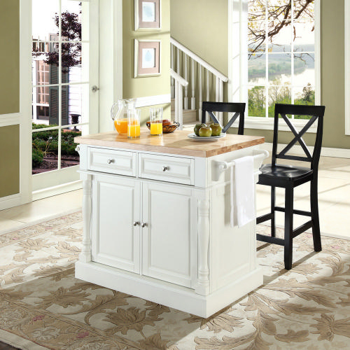 Oxford Kitchen Island Set in White & Butcher Block with Black X Back Stools