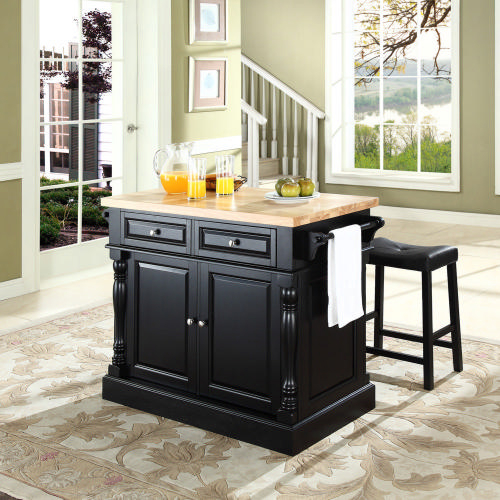Oxford Kitchen Island Set in Black & Butcher Block & Black Leatherette Saddle Stools