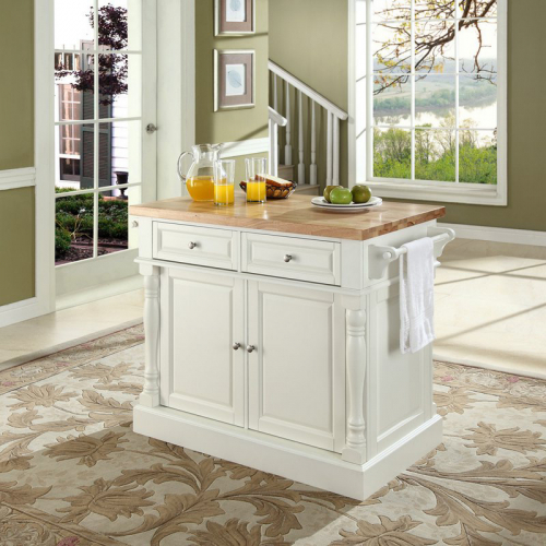 Oxford Kitchen Island in White Finish with Butcher Block Top