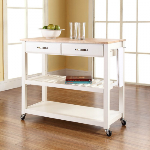 Kitchen Prep Cart in White Finish with Natural Wood Top