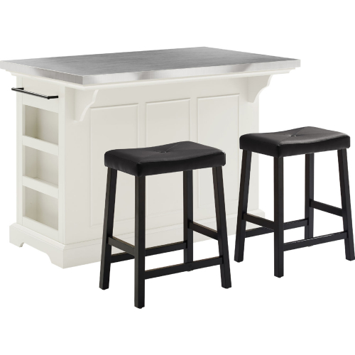 Julia Kitchen Island Set with 2 Counter Stools in White, Black & Stainless Steel