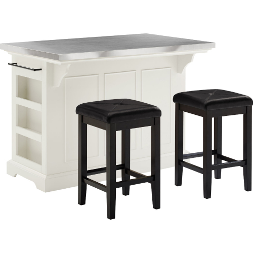 Julia Kitchen Island Set with 2 Counter Stools in White, Black & Stainless Steel