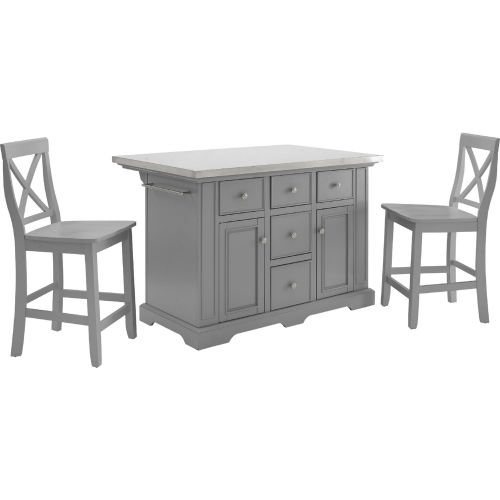 Julia Kitchen Island Set with 2 X Back Stools in White, Black & Stainless Steel