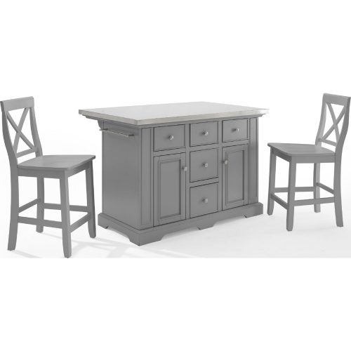 Julia Kitchen Island & Stools Set in Gray & Stainless Steel