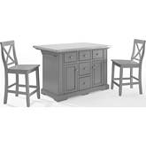 Julia Kitchen Island & Stools Set in Gray & Stainless Steel