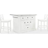 Julia Kitchen Island & Stools Set in White & Stainless Steel