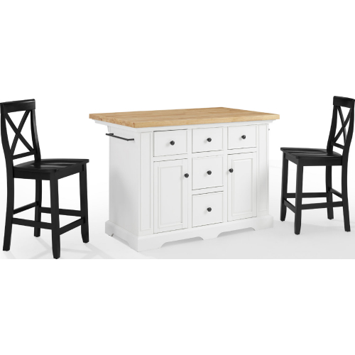 Julia Kitchen Island & Stool Set in White, Wood & Black